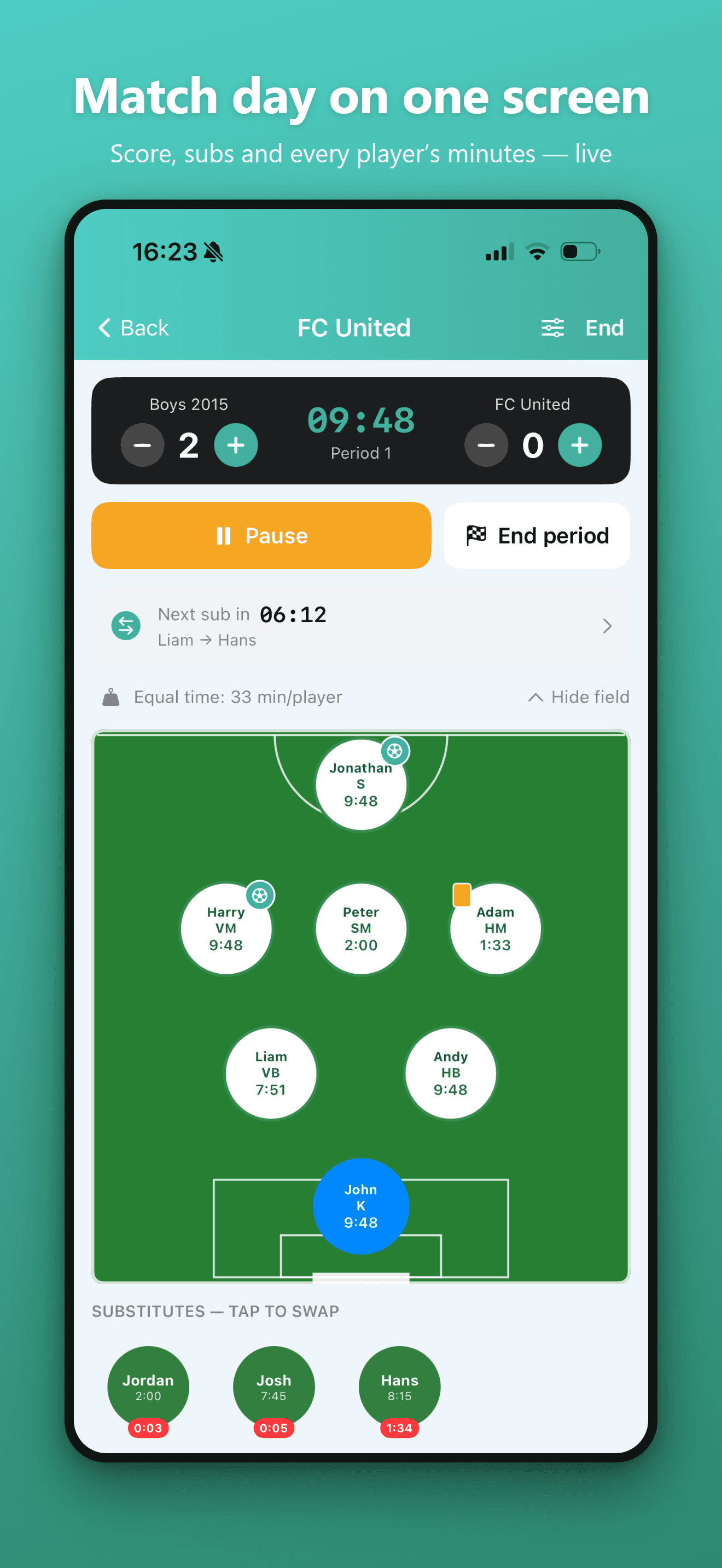 GameTime live match screen with scoreboard, timer and per-player minutes