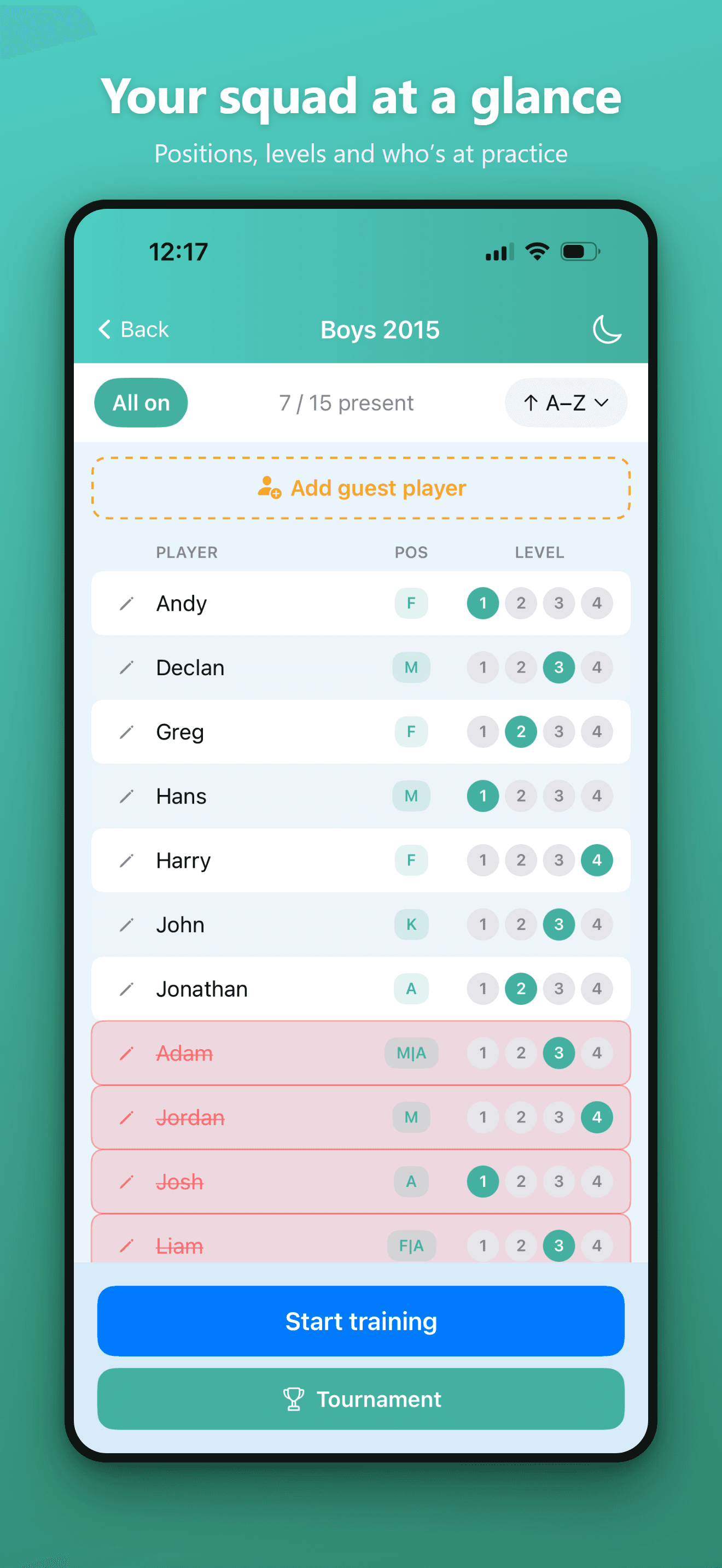 Squad list screen showing players with positions, skill levels and attendance