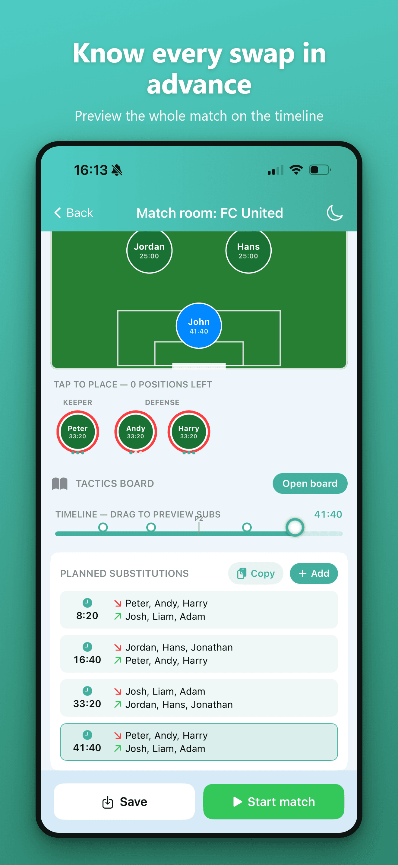 Match room timeline previewing planned substitutions