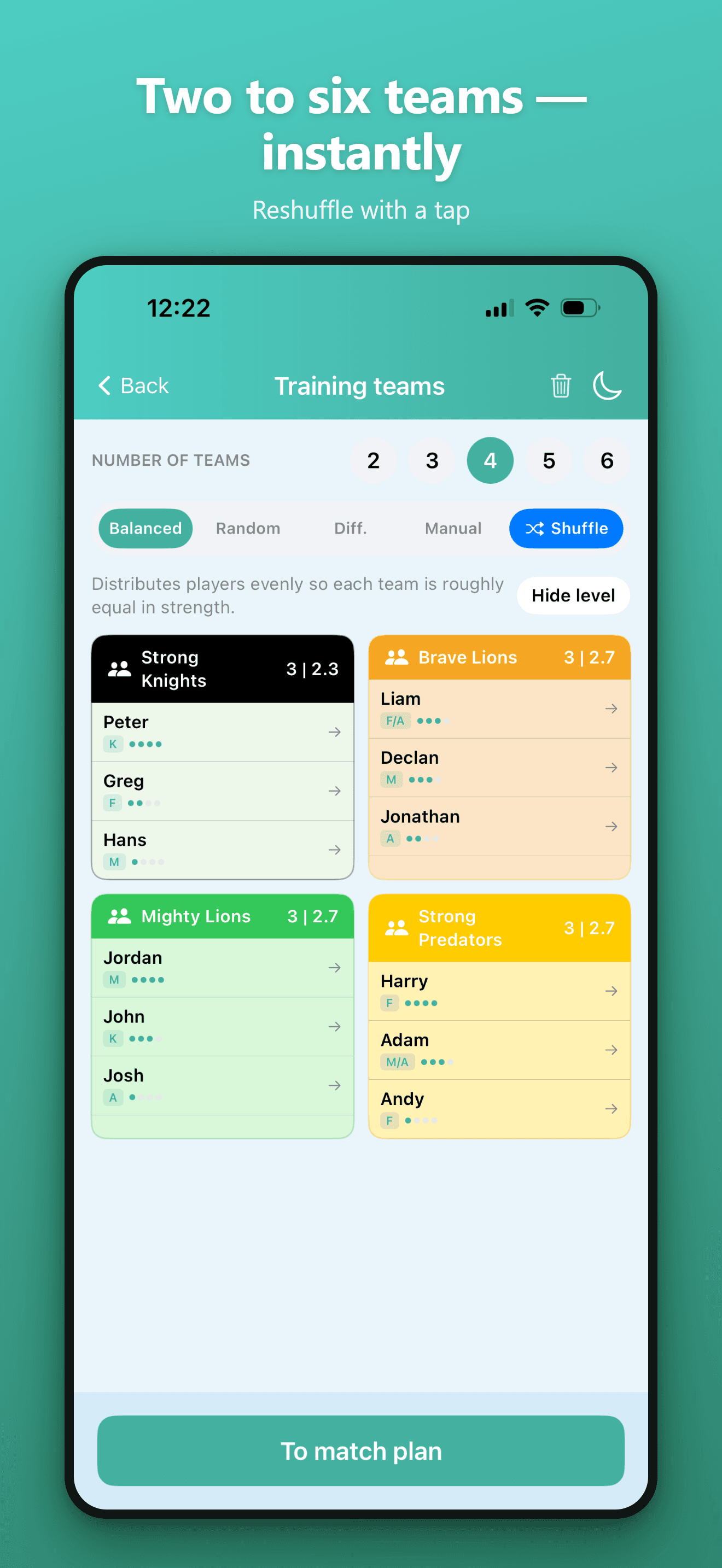 Team builder showing four balanced teams with player levels