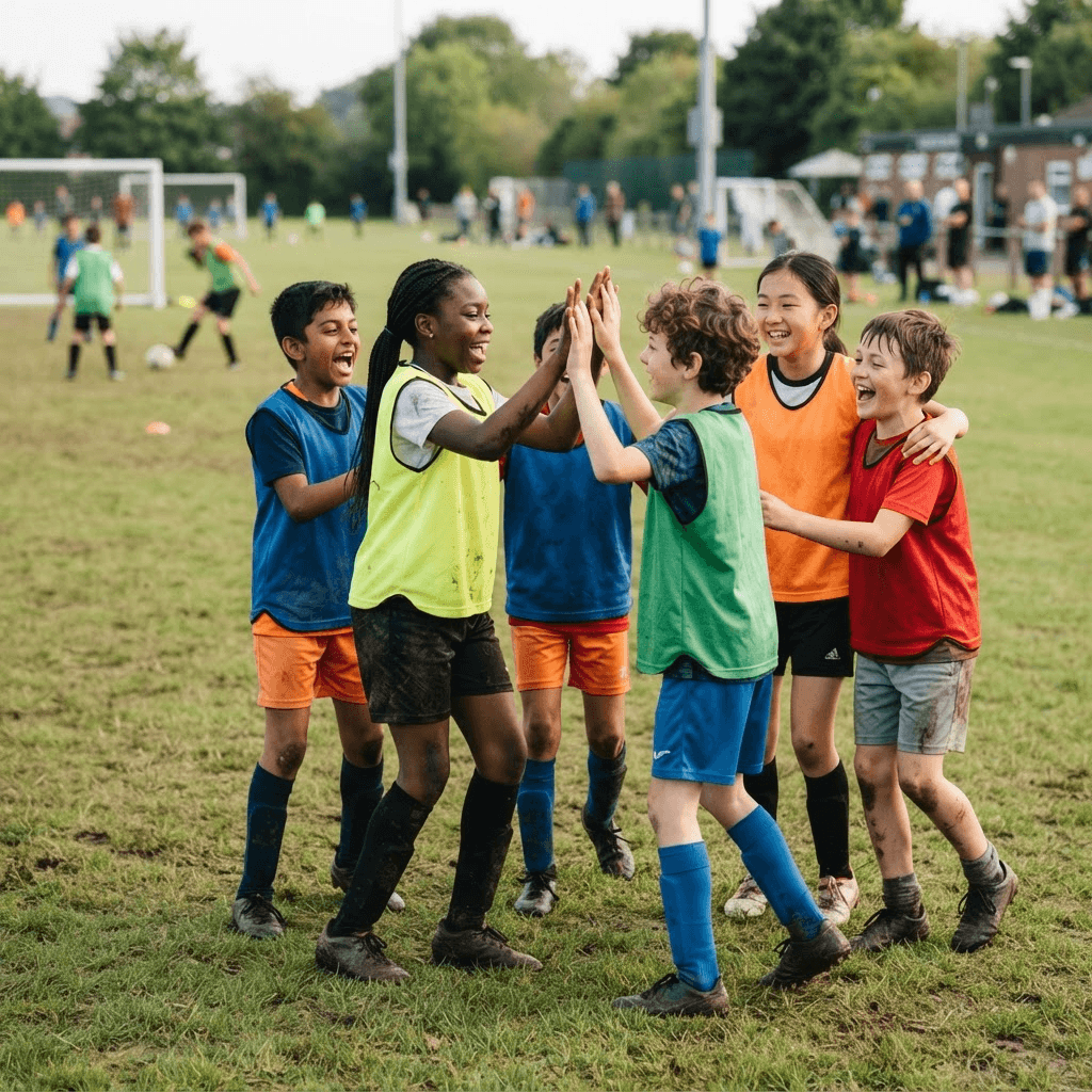 Youth football players celebrating together on the pitch