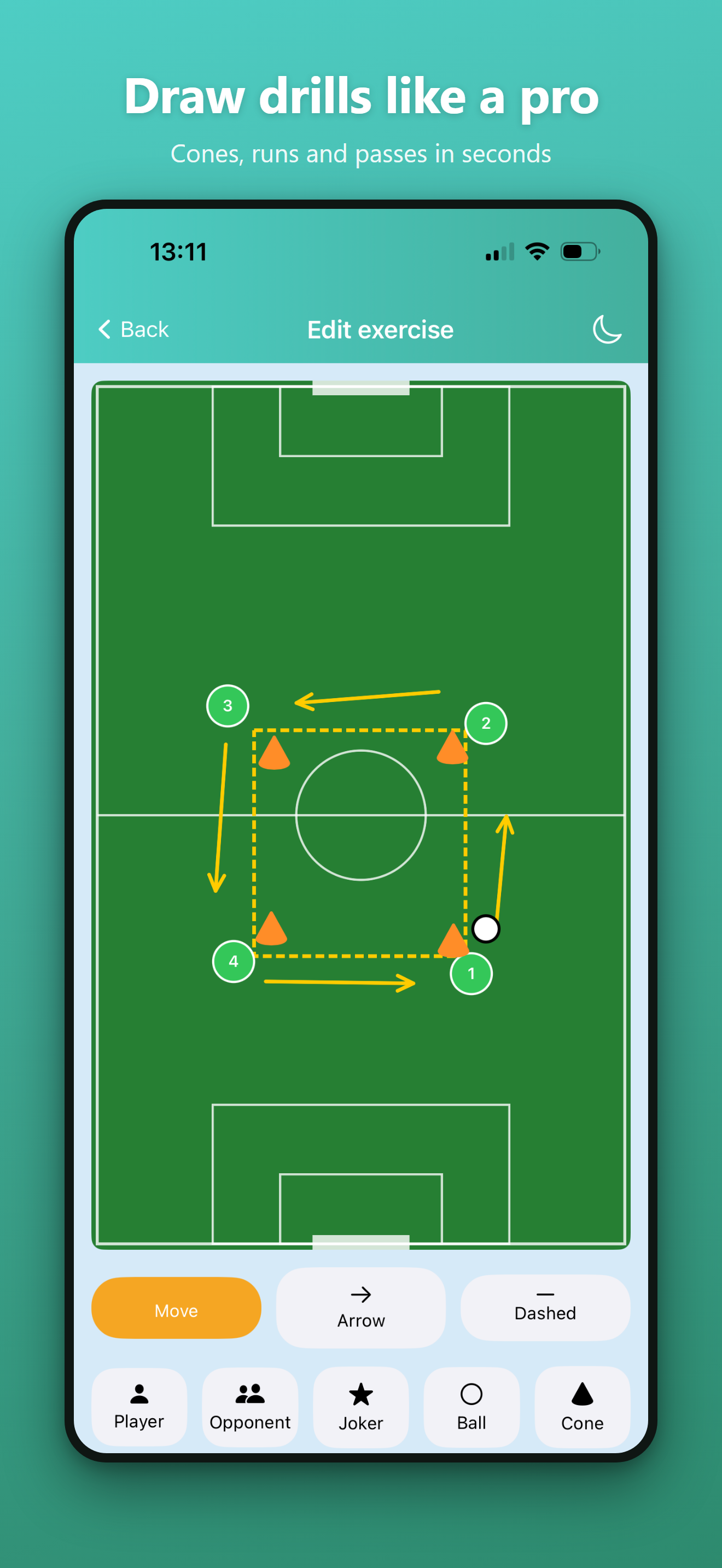 Exercise editor with cones, players and passing-run arrows